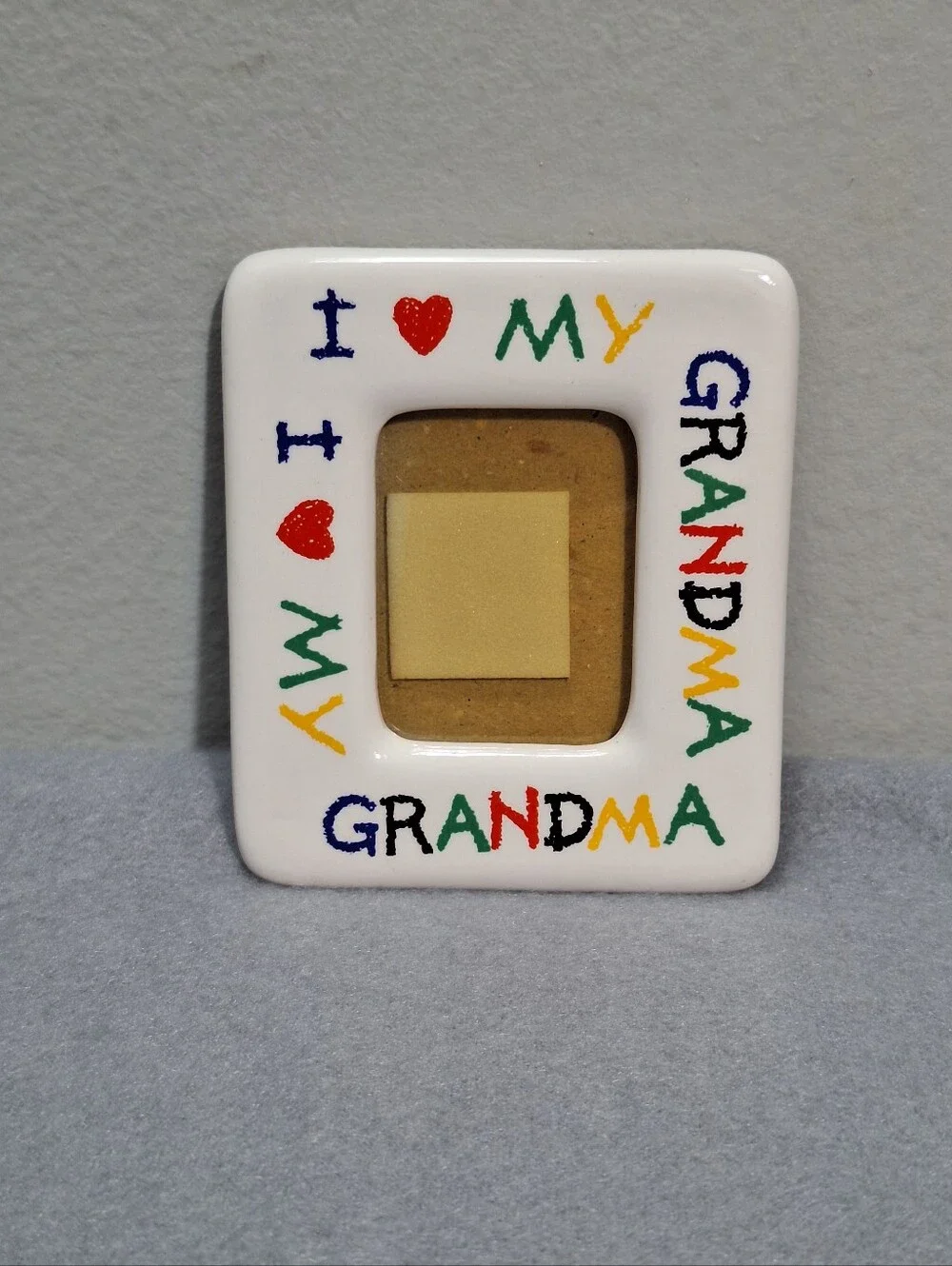 Vtg 90s White Ceramic Crayon Lettering Mini I LOVE GRANDMA Picture Frame Magnet